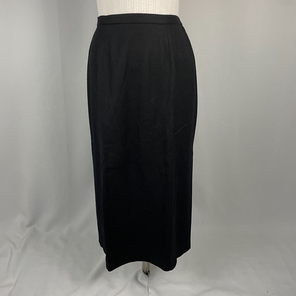 Vintage Pencil Skirt Sz 12 Black Solid Minimal Wool Midi Office Career Academia